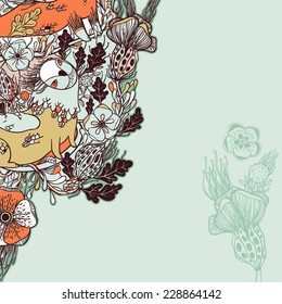 Vector decorative floral background, illustration with gorgeous ornamental frame. Pattern with unique flowers, birds and fabulous creatures. Can be used as greeting card, invitations, postcard.