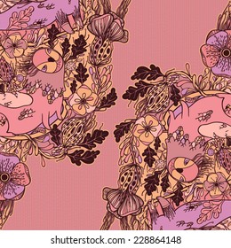 Vector decorative floral background, illustration with gorgeous ornamental frame. Pattern with unique flowers, birds and fabulous creatures. Can be used as greeting card, invitations, postcard.