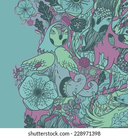 Vector decorative floral background, illustration with gorgeous ornamental frame. Pattern with unique flowers, birds and fabulous creatures. Can be used as greeting card, invitations, postcard.