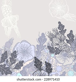 Vector decorative floral background, illustration with gorgeous ornamental frame. Pattern with unique flowers, birds and fabulous creatures. Can be used as greeting card, invitations, postcard.