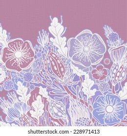 Vector decorative floral background, illustration with gorgeous ornamental frame. Pattern with unique flowers, birds and fabulous creatures. Can be used as greeting card, invitations, postcard.
