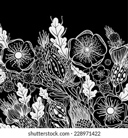 Vector decorative floral background, illustration with gorgeous ornamental frame. Pattern with unique flowers, birds and fabulous creatures. Can be used as greeting card, invitations, postcard.