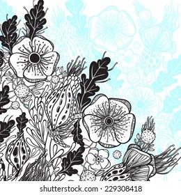 Vector decorative floral background, illustration with gorgeous ornamental frame. Pattern with unique flowers, birds and fabulous creatures. Can be used as greeting card, invitations, postcard.