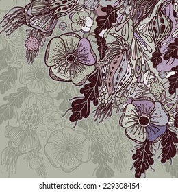 Vector decorative floral background, illustration with gorgeous ornamental frame. Pattern with unique flowers, birds and fabulous creatures. Can be used as greeting card, invitations, postcard.