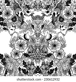 Vector decorative floral background, illustration with gorgeous ornamental frame. Pattern with unique flowers, birds and fabulous creatures. Can be used as greeting card, invitations, postcard.