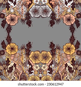 Vector decorative floral background, illustration with gorgeous ornamental frame. Pattern with unique flowers. Can be used as greeting card, invitations, postcard.