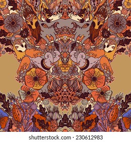 Vector decorative floral background, illustration with gorgeous ornamental frame. Pattern with unique flowers, birds and fabulous creatures. Can be used as greeting card, invitations, postcard.