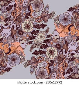 Vector decorative floral background, illustration with gorgeous ornamental frame. Pattern with unique flowers, birds and fabulous creatures. Can be used as greeting card, invitations, postcard.