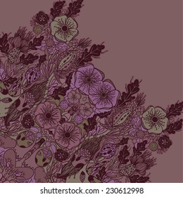 Vector decorative floral background, illustration with gorgeous ornamental frame. Pattern with unique flowers, birds and fabulous creatures. Can be used as greeting card, invitations, postcard.