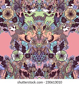 Vector decorative floral background, illustration with gorgeous ornamental frame. Pattern with unique flowers, birds and fabulous creatures. Can be used as greeting card, invitations, postcard.
