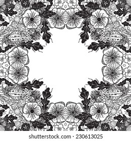 Vector decorative floral background, illustration with gorgeous ornamental frame. Pattern with unique flowers. Can be used as greeting card, invitations, postcard.