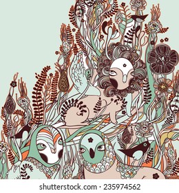 Vector decorative floral background, illustration with gorgeous ornamental frame. Pattern with unique flowers, birds and fabulous creatures. Can be used as greeting card, invitations, postcard.
