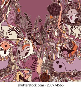 Vector decorative floral background, illustration with gorgeous ornamental frame. Pattern with unique flowers, birds and fabulous creatures. Can be used as greeting card, invitations, postcard.