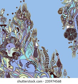 Vector decorative floral background, illustration with gorgeous ornamental frame. Pattern with unique flowers, birds and fabulous creatures. Can be used as greeting card, invitations, postcard.