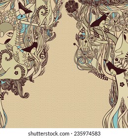 Vector decorative floral background, illustration with gorgeous ornamental frame. Pattern with unique flowers, birds and fabulous creatures. Can be used as greeting card, invitations, postcard.