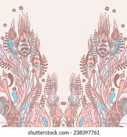 Vector decorative floral background, illustration with gorgeous ornamental frame. Pattern with unique flowers, birds and fabulous creatures. Can be used as greeting card, invitations, postcard.