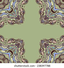 Vector decorative floral background, illustration with gorgeous ornamental frame. Pattern with unique flowers, birds and fabulous creatures. Can be used as greeting card, invitations, postcard.