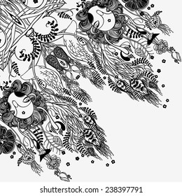 Vector decorative floral background, illustration with gorgeous ornamental frame. Pattern with unique flowers, birds and fabulous creatures. Can be used as greeting card, invitations, postcard.