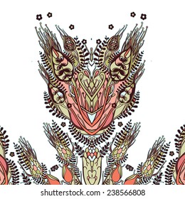 Vector decorative floral background, illustration with gorgeous ornamental frame. Pattern with unique flowers, plants, elements. Can be used as greeting card, invitations, postcard.