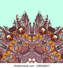 Vector decorative floral background, illustration with gorgeous ornamental frame. Pattern with unique flowers, plants, elements. Can be used as greeting card, invitations, postcard.