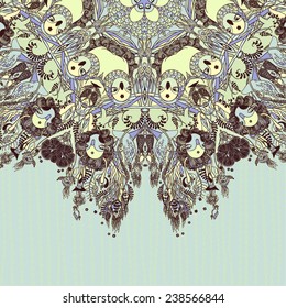 Vector decorative floral background, illustration with gorgeous ornamental frame. Pattern with unique flowers, plants, elements. Can be used as greeting card, invitations, postcard.