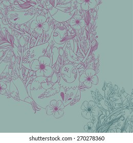 Vector decorative floral background, illustration with gorgeous ornamental frame. Pattern with unique flowers, birds and fabulous creatures. Can be used as greeting card, invitations, postcard. 