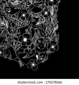 Vector decorative floral background, illustration with gorgeous ornamental frame. Pattern with unique flowers, birds and fabulous creatures. Can be used as greeting card, invitations, postcard. 
