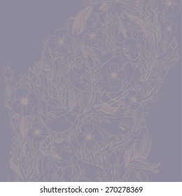 Vector decorative floral background, illustration with gorgeous ornamental frame. Pattern with unique flowers, birds and fabulous creatures. Can be used as greeting card, invitations, postcard. 