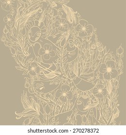 Vector decorative floral background, illustration with gorgeous ornamental frame. Pattern with unique flowers, birds and fabulous creatures. Can be used as greeting card, invitations, postcard. 