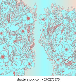 Vector decorative floral background, illustration with gorgeous ornamental frame. Pattern with unique flowers, birds and fabulous creatures. Can be used as greeting card, invitations, postcard. 