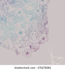 Vector decorative floral background, illustration with gorgeous ornamental frame. Pattern with unique flowers, birds and fabulous creatures. Can be used as greeting card, invitations, postcard. 