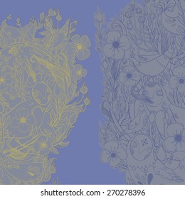 Vector decorative floral background, illustration with gorgeous ornamental frame. Pattern with unique flowers, birds and fabulous creatures. Can be used as greeting card, invitations, postcard. 
