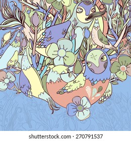 Vector decorative floral background, illustration with gorgeous ornamental frame. Pattern with unique flowers, birds and fabulous creatures. Can be used as greeting card, invitations, postcard.