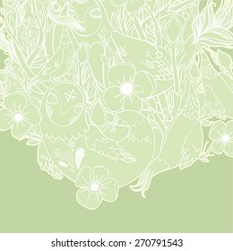 Vector decorative floral background, illustration with gorgeous ornamental frame. Pattern with unique flowers, birds and fabulous creatures. Can be used as greeting card, invitations, postcard.