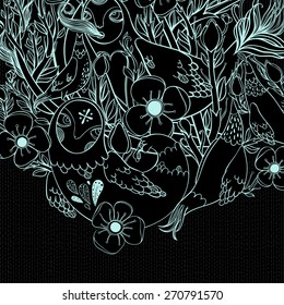 Vector decorative floral background, illustration with gorgeous ornamental frame. Pattern with unique flowers, birds and fabulous creatures. Can be used as greeting card, invitations, postcard.