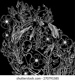 Vector decorative floral background, illustration with gorgeous ornamental frame. Pattern with unique flowers, birds and fabulous creatures. Can be used as greeting card, invitations, postcard.