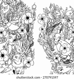 Vector decorative floral background, illustration with gorgeous ornamental frame. Pattern with unique flowers, birds and fabulous creatures. Can be used as greeting card, invitations, postcard.