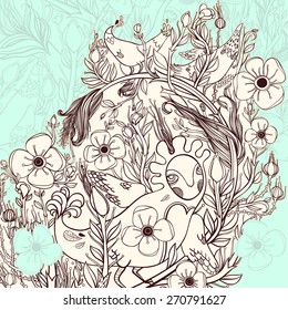 Vector decorative floral background, illustration with gorgeous ornamental frame. Pattern with unique flowers, birds and fabulous creatures. Can be used as greeting card, invitations, postcard.