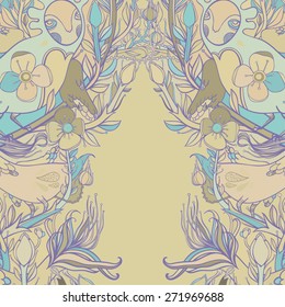 Vector decorative floral background, illustration with gorgeous ornamental frame. Pattern with unique flowers, birds and fabulous creatures. Can be used as greeting card, invitations, postcard.