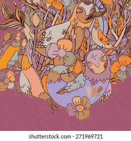 Vector decorative floral background, illustration with gorgeous ornamental frame. Pattern with unique flowers, birds and fabulous creatures. Can be used as greeting card, invitations, postcard.