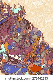 Vector decorative floral background, illustration with gorgeous ornamental frame. Pattern with unique flowers, birds and fabulous creatures. Can be used as greeting card, invitations, postcard.