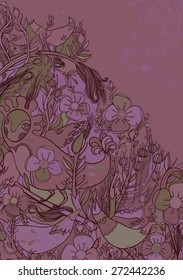 Vector decorative floral background, illustration with gorgeous ornamental frame. Pattern with unique flowers, birds and fabulous creatures. Can be used as greeting card, invitations, postcard.