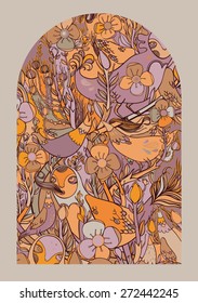 Vector decorative floral background, illustration with gorgeous ornamental frame. Pattern with unique flowers, birds and fabulous creatures. Can be used as greeting card, invitations, postcard.