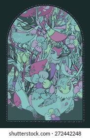 Vector decorative floral background, illustration with gorgeous ornamental frame. Pattern with unique flowers, birds and fabulous creatures. Can be used as greeting card, invitations, postcard.