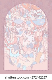 Vector decorative floral background, illustration with gorgeous ornamental frame. Pattern with unique flowers, birds and fabulous creatures. Can be used as greeting card, invitations, postcard.
