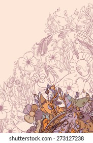 Vector decorative floral background, illustration with gorgeous ornamental frame. Pattern with unique flowers, birds and fabulous creatures. Can be used as greeting card, invitations, postcard.
