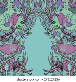 Vector decorative floral background, illustration with gorgeous ornamental frame. Pattern with unique flowers, birds and fabulous creatures. Can be used as greeting card, invitations, postcard.
