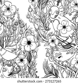 Vector decorative floral background, illustration with gorgeous ornamental frame. Pattern with unique flowers, birds and fabulous creatures. Can be used as greeting card, invitations, postcard.
