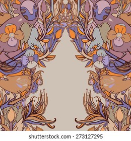 Vector decorative floral background, illustration with gorgeous ornamental frame. Pattern with unique flowers, birds and fabulous creatures. Can be used as greeting card, invitations, postcard.
