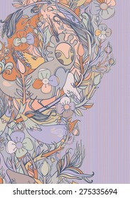 Vector decorative floral background, illustration with gorgeous ornamental frame. Pattern with unique flowers, birds and fabulous creatures. Can be used as greeting card, invitations, postcard.